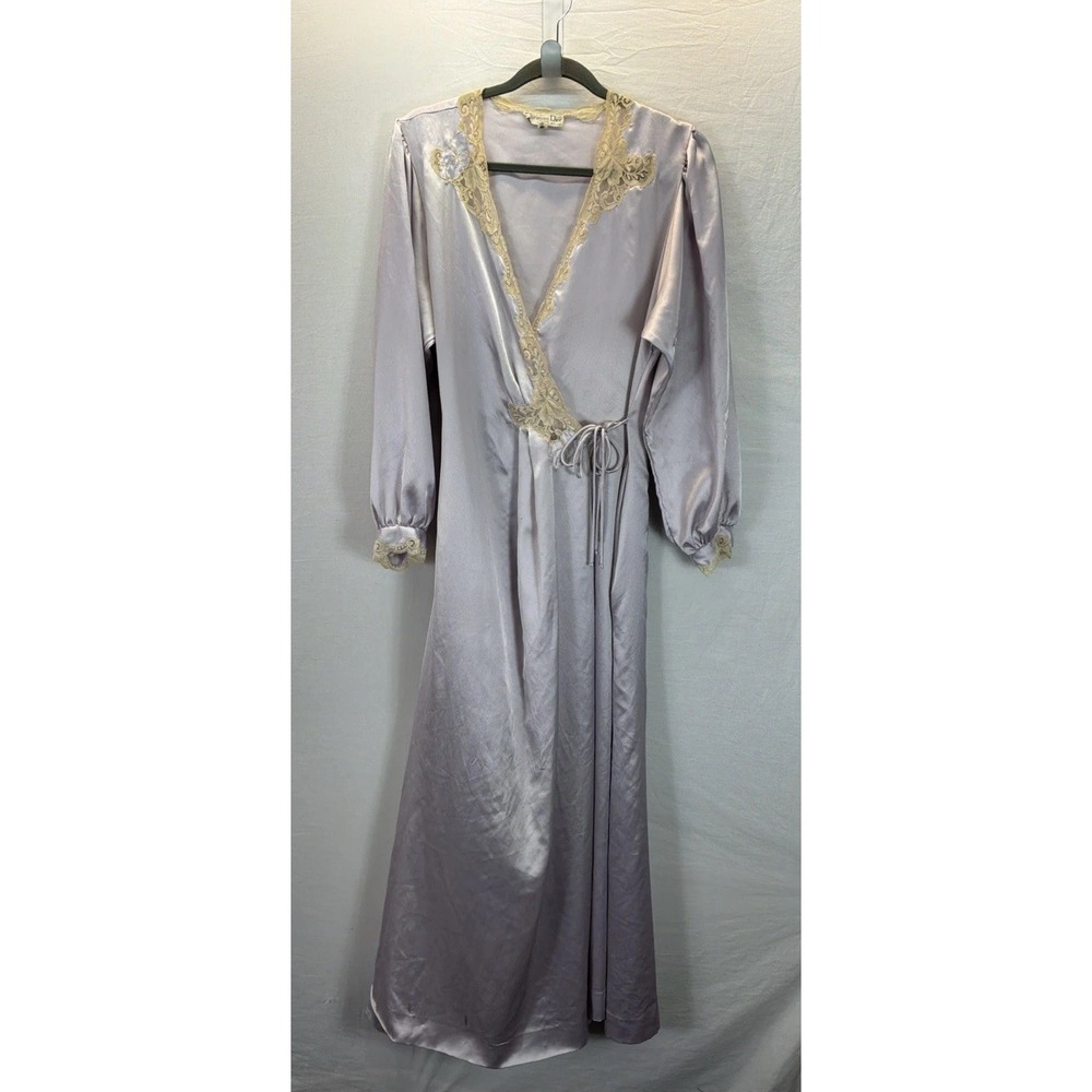 Vtg Christian Dior New York Union Made Satin & Lace Long Sleeve Robe Sz M Lilac